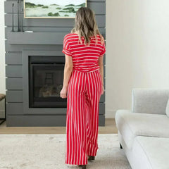 Stripe Jumpsuit Elastic Waist Back Keyhole - Femstylo
