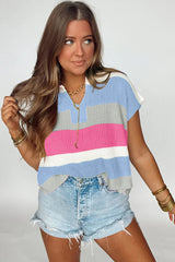 Multicolour Colorblock Notch V Neck Knit T Shirt