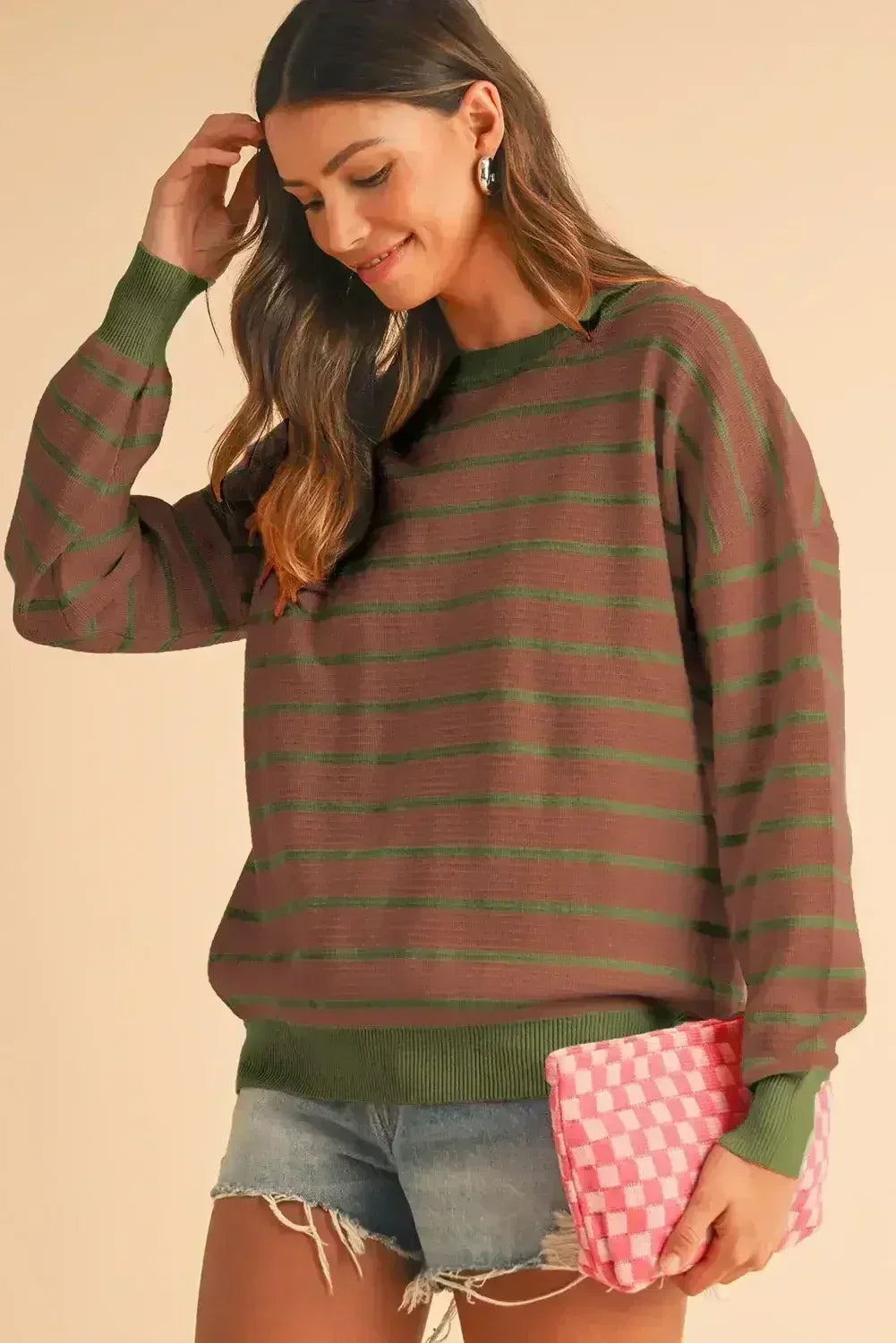 Pink Stripe Round Neck Drop Shoulder Loose Sweater - Femstylo