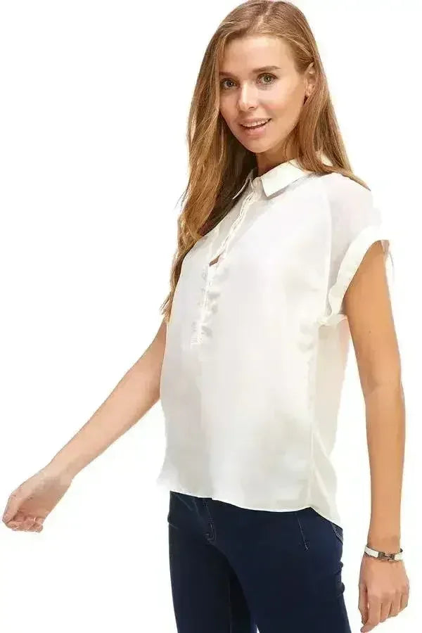 Rolled Sleeve Button-Up Satin Blouse - Femstylo