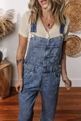 Sail Blue Straight Leg Pockets Denim Bib Overall - Femstylo