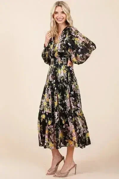 Mittoshop Flower Print Satin Lurex Stripe Smocked Midi Dress - Femstylo