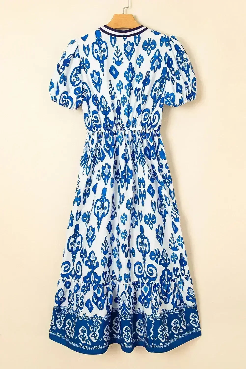 Blue Floral Ruffle Hem Pop of Color Neckline Dress - Femstylo