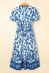 Blue Floral Ruffle Hem Pop of Color Neckline Dress - Femstylo