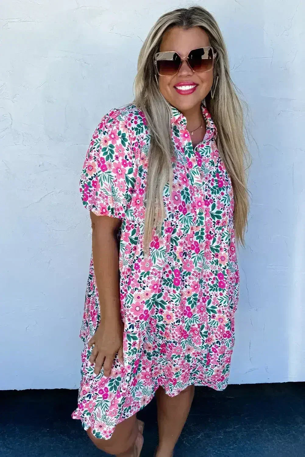 Pink Plus Size Floral Half Button Puff Sleeve A Line Dress - Femstylo
