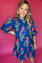 Blue Floral Print Button Front 3/4 Puff Sleeve Ruffle Hem Dress