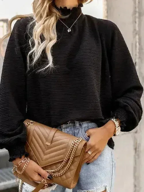 Smocked Frill Mock Neck Long Sleeve Blouse - Femstylo