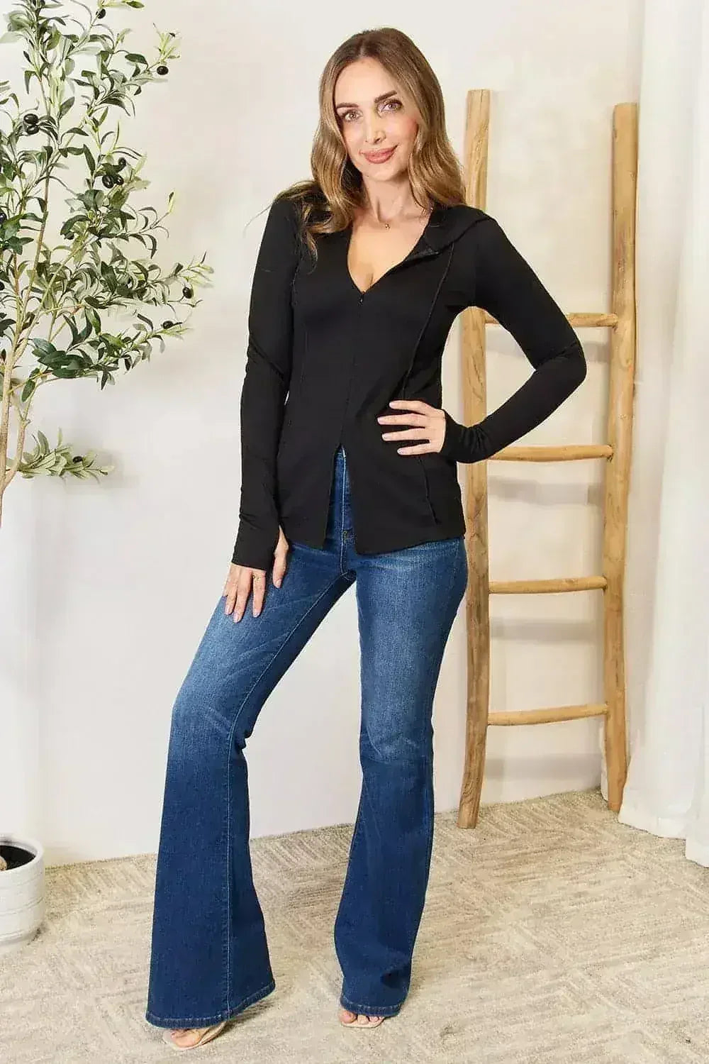 Black Exposed Seam Hoodie - Edgy Long Sleeve Design | Femstylo - Femstylo