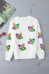 White Sequin MARDI GRAS Graphic Pullover Sweatshirt - Femstylo