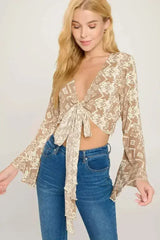 Boho Bell-Sleeve Crop Top | Floral Tie-Front | Sizes S-XL - Femstylo