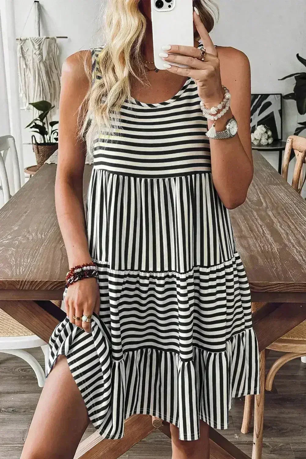 Black Stripe U Neck Sleeveless Loose Fit Mini Dress - Femstylo
