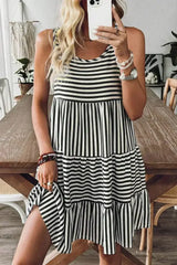 Black Stripe U Neck Sleeveless Loose Fit Mini Dress - Femstylo