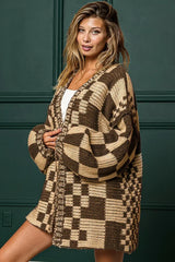 Taupe Colorblock Checked Open Front Knitted Cardigan