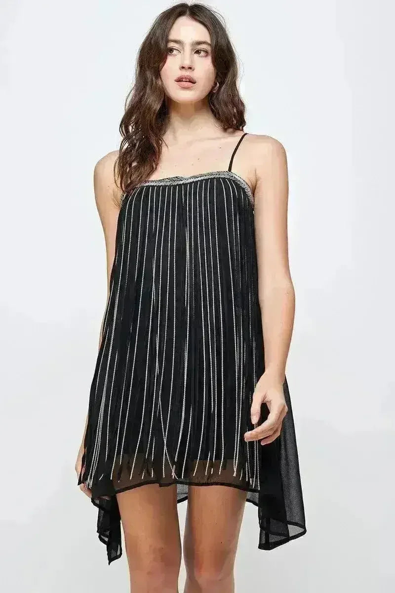 Flowy Sleeveless Mini Dress with Metallic Accents - Femstylo