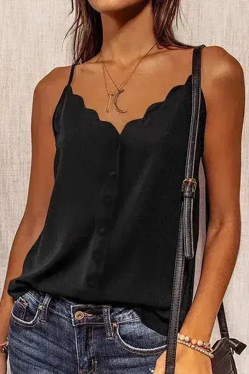 Black Spaghetti Straps Buttoned V Neck Vest - Femstylo