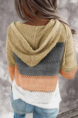 Womens Multicolor Zipped Front Colorblock Hollow-out Knit Hoodie - Femstylo