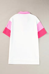 White Stripe Colorblock Sleeve Collared Pop of Color Neckline Dress