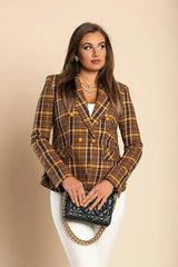 Brown Plaid Chiarana Blazer - Mustard Accents | Italian Made - Femstylo