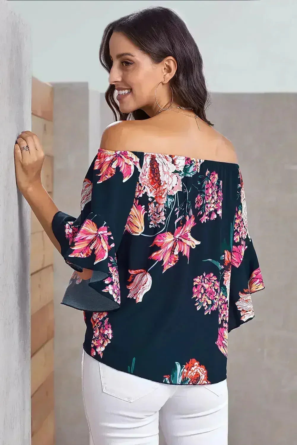 Navy Off Shoulder Floral Tie Front High Low Chiffon Blouse - Femstylo