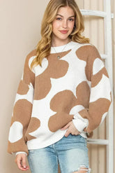 Khaki 60s Floral Pattern Ribbed Trim Pullover Sweater - Femstylo