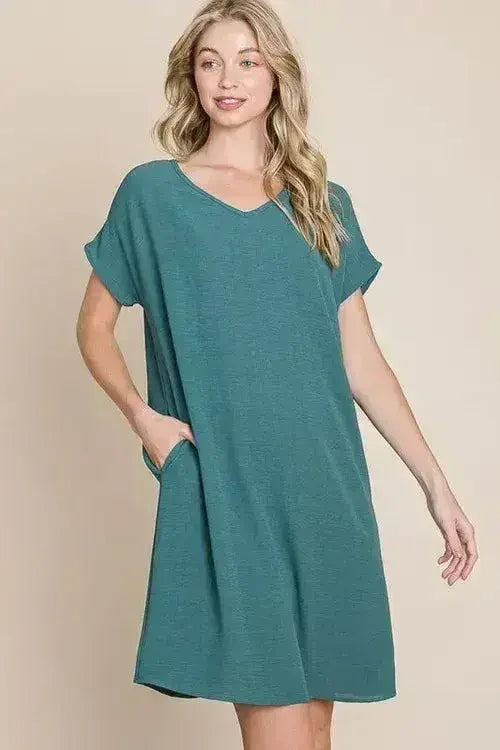 BOMBOM V-Neck Short Sleeve Dress with Pockets - Femstylo