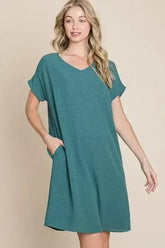 BOMBOM V-Neck Short Sleeve Dress with Pockets - Femstylo