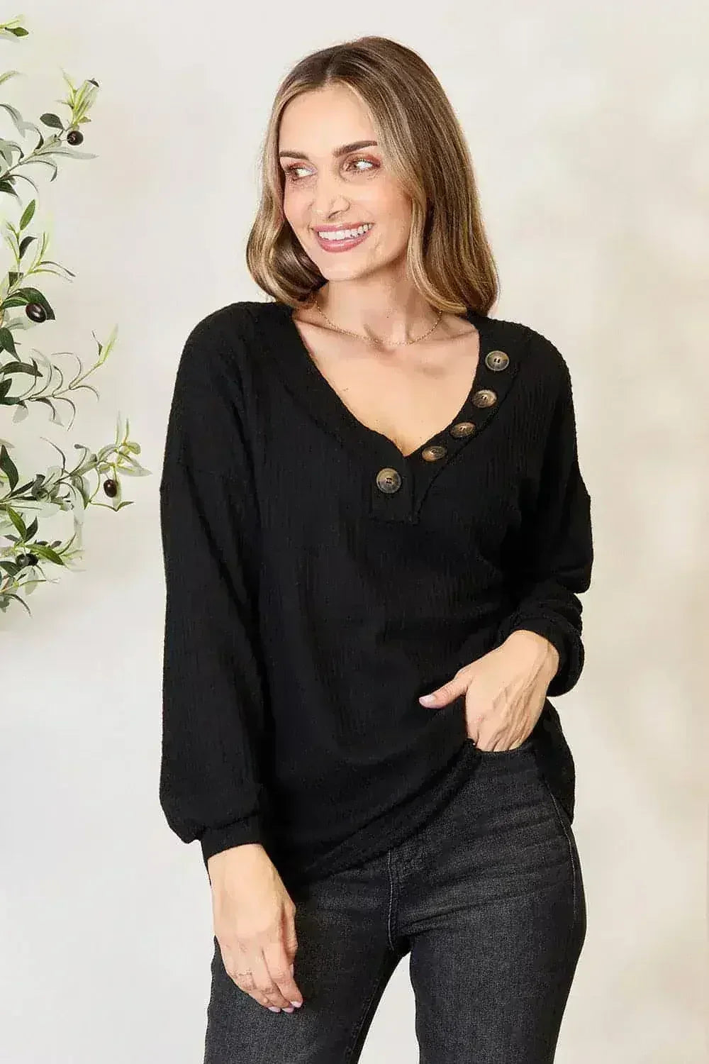 Buttoned Long Sleeve Blouse - Classic Modern Top | Femstylo - Femstylo