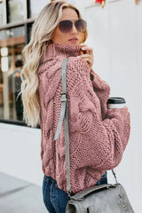 Winter Pink Cuddle Weather Cable Knit Handmade Turtleneck Sweater - Femstylo