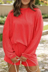 Parchment Corded Knit Long Sleeve Top and High Waist Shorts Set - Femstylo
