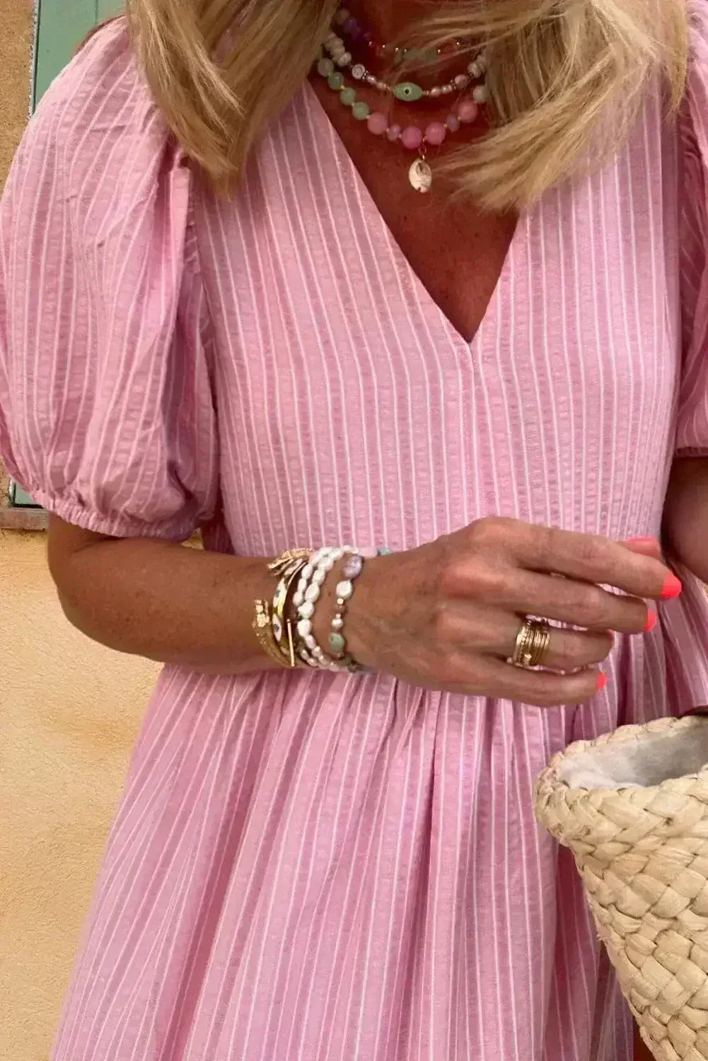 Pink Striped V Neck Puff Sleeve Frill Tiered Maxi Dress - Femstylo