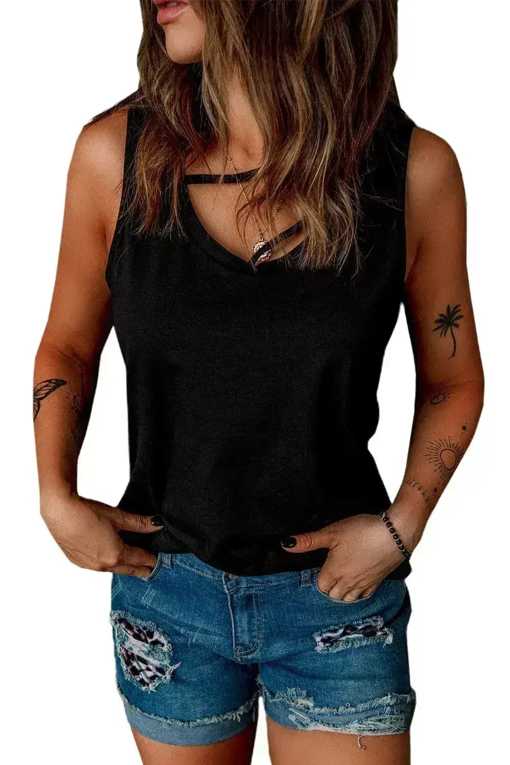 Black Strappy Hollow-out Neck Tank Top - Femstylo
