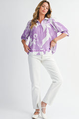 Purple Floral V-Neck Bubble Sleeve Blouse