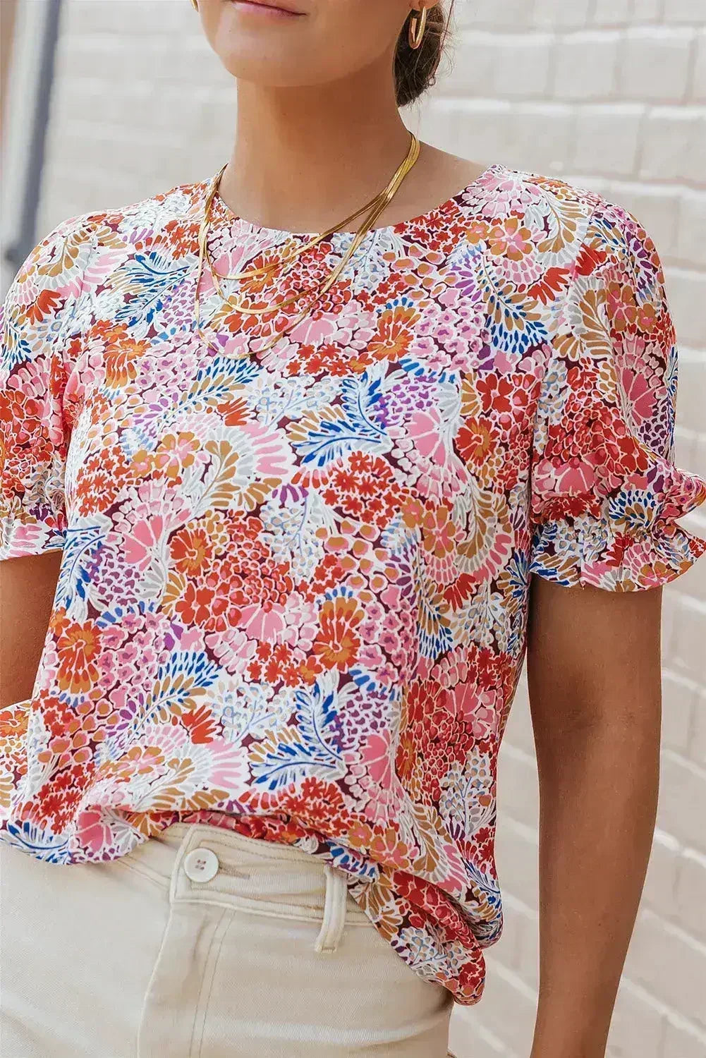 Floral Bubble Sleeve Blouse - Multicolor Print Top | Femstylo - Femstylo