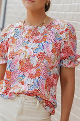 Floral Bubble Sleeve Blouse - Multicolor Print Top | Femstylo - Femstylo
