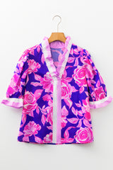 Sachet Pink Floral Print Ruffle Puff Sleeve Pop of Color Neckline Blouse