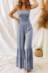 Dusk Blue Floral Print Spaghetti Straps Smocked Wide Leg Jumpsuit - Femstylo