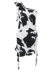 Ruffled Tie-Dye Single Shoulder Mini Dress - Femstylo