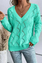 Mint Green Hollow Out Knit V Neck Drop Shoulder Sweater - Femstylo
