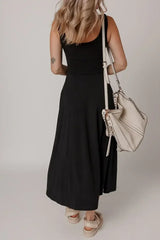 Black Sleeveless Scoop Neck Flared Split Midi Dress - Femstylo