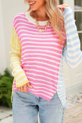 Multicolour Colorblock Striped Patchwork Dolman Sleeve Slit Sweater