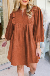 Cinnamon Split Neck Scallop Detail Pleated Corduroy Mini Dress