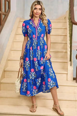 Blue Floral Ruffle Hem Pop of Color Neckline Dress - Femstylo