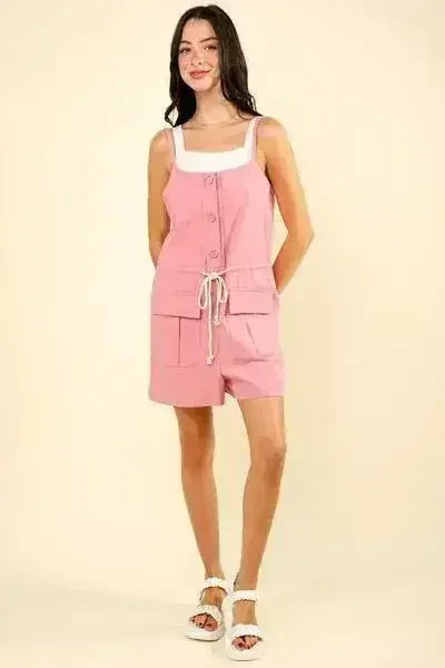 VERY J Half Button Drawstring Sleeveless Romper - Femstylo