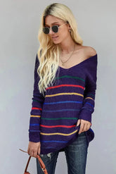 Blue Striped Loose Knit Sweater - Femstylo