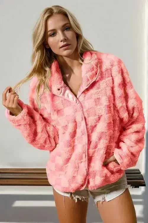 Double Take Checkered Long Sleeve Fuzzy Jacket - Femstylo