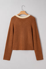 Chestnut Contrast Color V Neckline Knit Cardigan