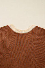 Chestnut Contrast Color V Neckline Knit Cardigan