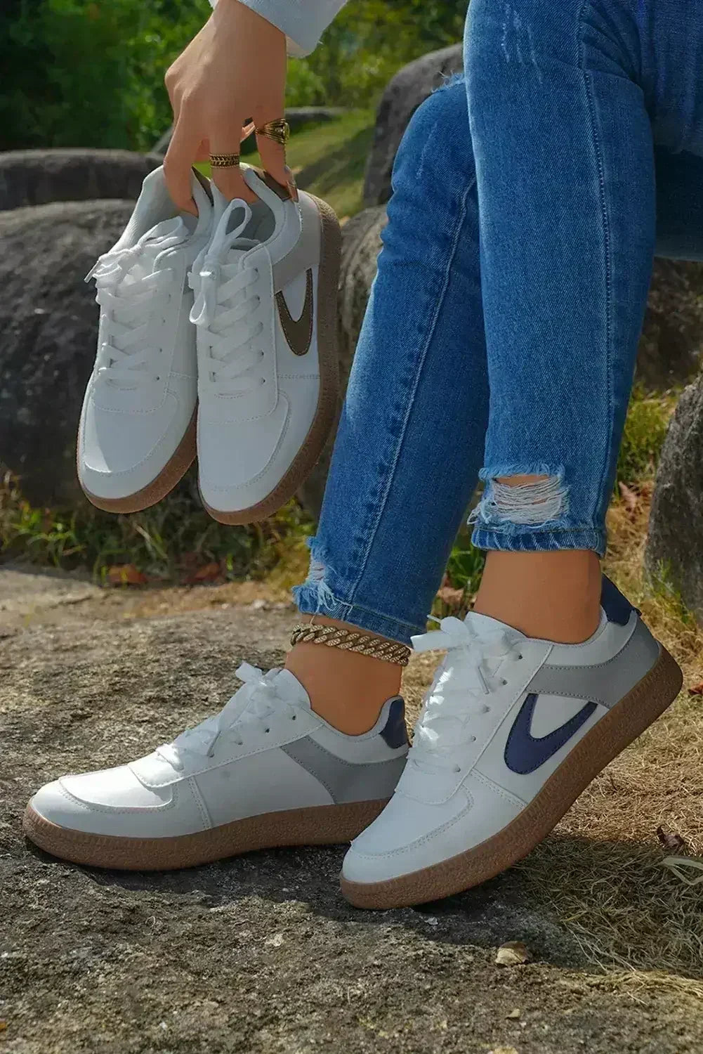 Navy Blue PU Leather Lace Up Sneakers - Femstylo