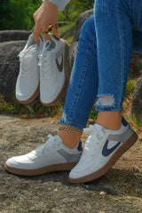 Navy Blue PU Leather Lace Up Sneakers - Femstylo