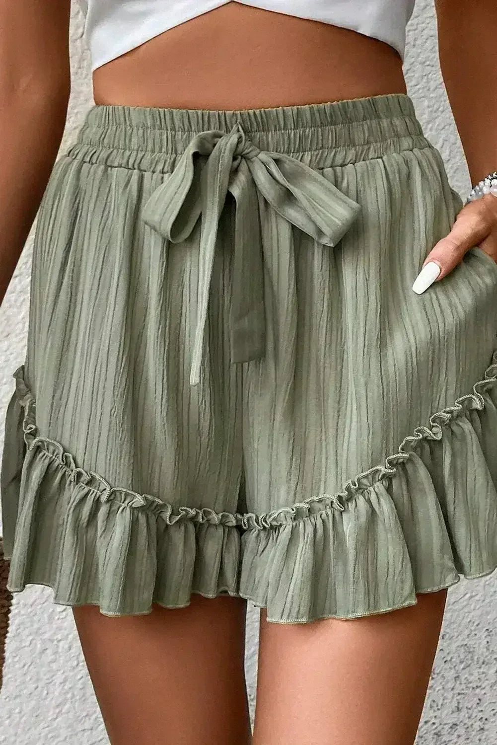 Laurel Green Textured Tie Waist Ruffle Hem Shorts - Femstylo